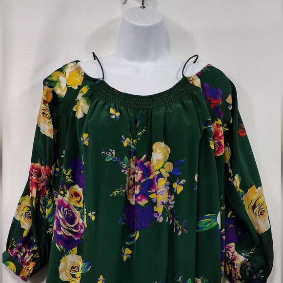 Anthropologie Maeve Floral Tallie Cold Shoulder Silk Blouse Womens XS Green 90s - Picture 3 of 12